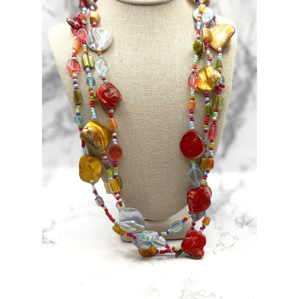 Colorful 3 Strand Gemstone Bead Necklace‎ Silver Tone 18"